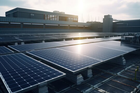A picture of solar panels installed on the roof of a building. This image can be used to showcase the use of renewable energy and sustainability in architecture and construction projects