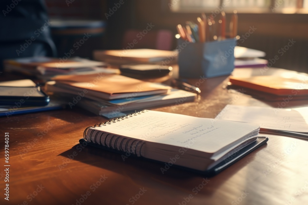 Poster a wooden table filled with a variety of books and notebooks. this versatile image can be used to rep
