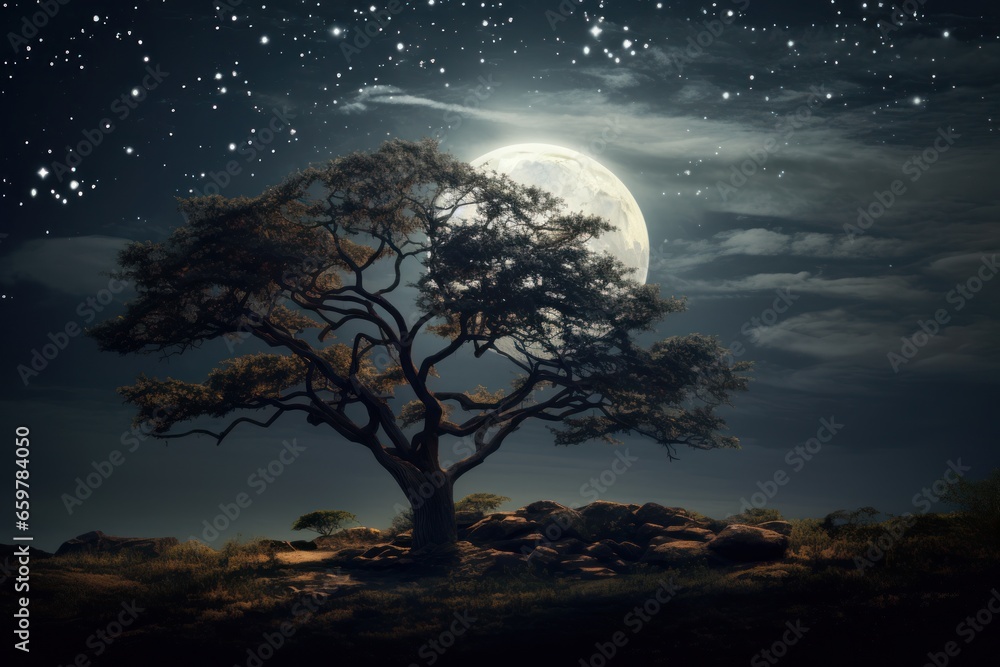 Poster a captivating image of a lone tree standing in the middle of a field, illuminated by the light of a 