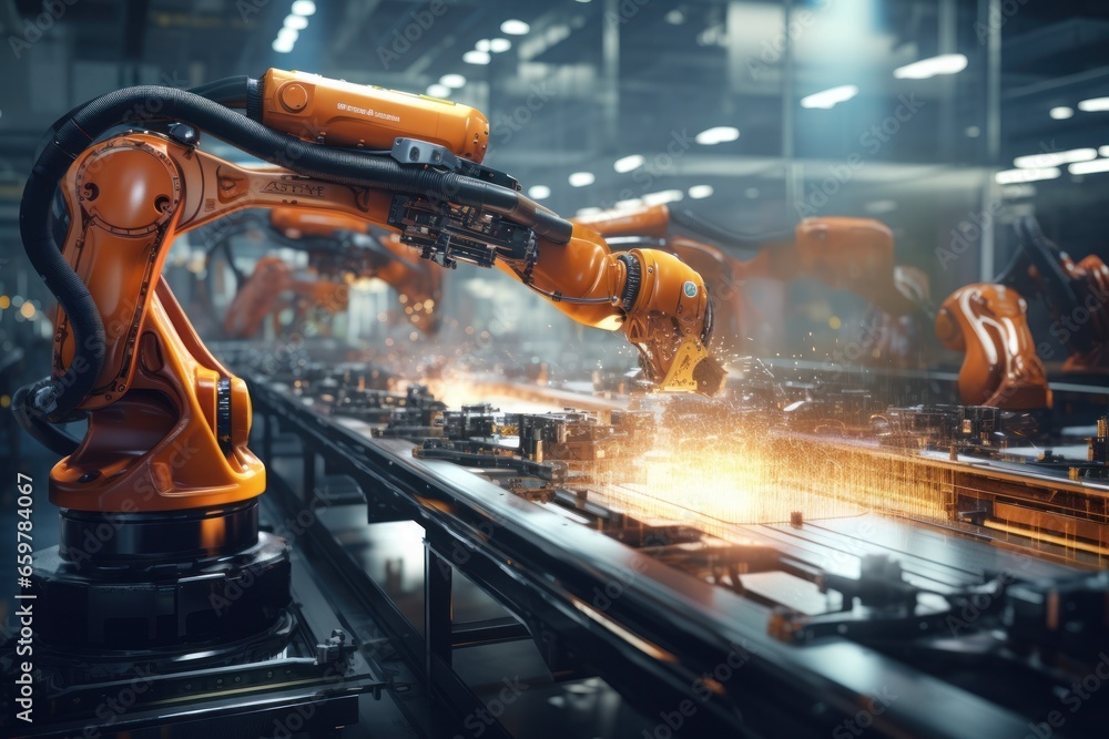 Poster a robot is seen welding metal on a conveyor belt. this image can be used to illustrate industrial au
