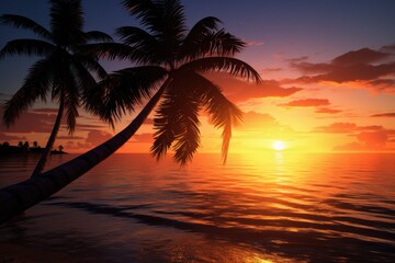 Fototapeta na wymiar A beautiful palm tree silhouetted against a vibrant sunset on a sandy beach. Perfect for tropical vacation or relaxation themes