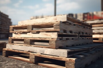 A stack of wooden pallets sitting on top of a cement floor. Versatile image suitable for industrial, construction, and logistics themes