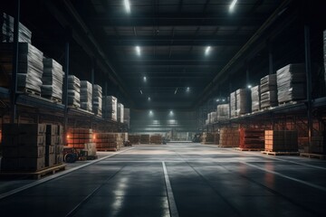 A large warehouse filled with lots of pallets. This image can be used to depict storage, logistics, or inventory management - obrazy, fototapety, plakaty