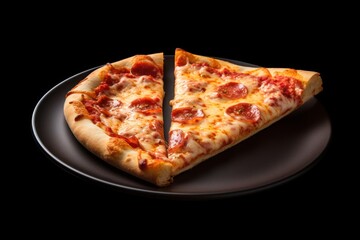 A photo of two slices of pepperoni pizza placed on a plate. This image can be used to depict a delicious meal or as a promotional material for pizza restaurants