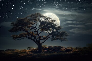 A captivating image of a lone tree standing in the middle of a field, illuminated by the light of a full moon.