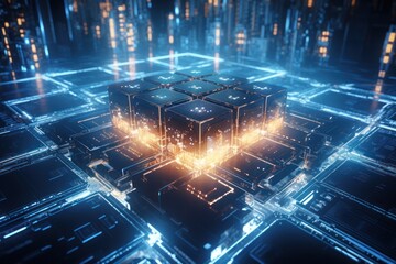 A striking 3D image of a glowing cube positioned in the center of a bustling city.