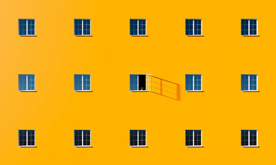 One open window on the facade of an orange apartment building.