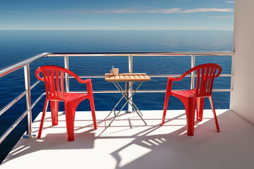 A beautiful view of the ocean from the veranda of a snow-white villa located on the shore.
