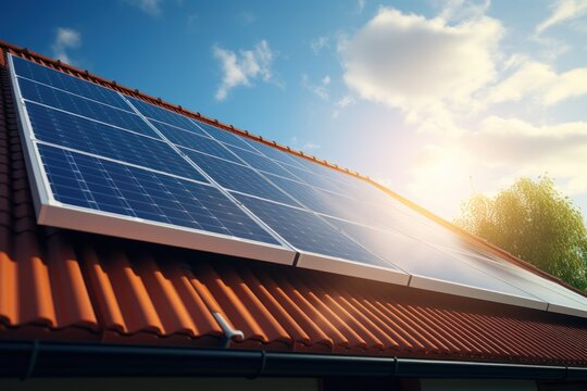 A picture of a solar panel installed on the roof of a house. This image can be used to showcase renewable energy, sustainability, and eco-friendly practices