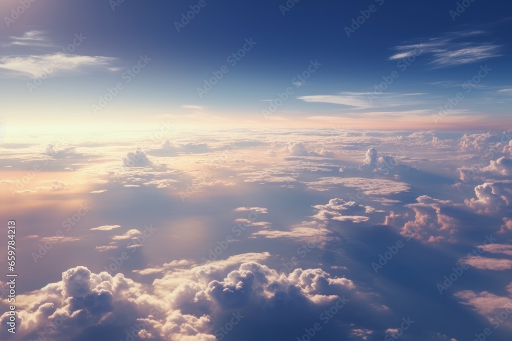 Poster a captivating view of the sky and clouds as seen from the window of an airplane. perfect for travel 