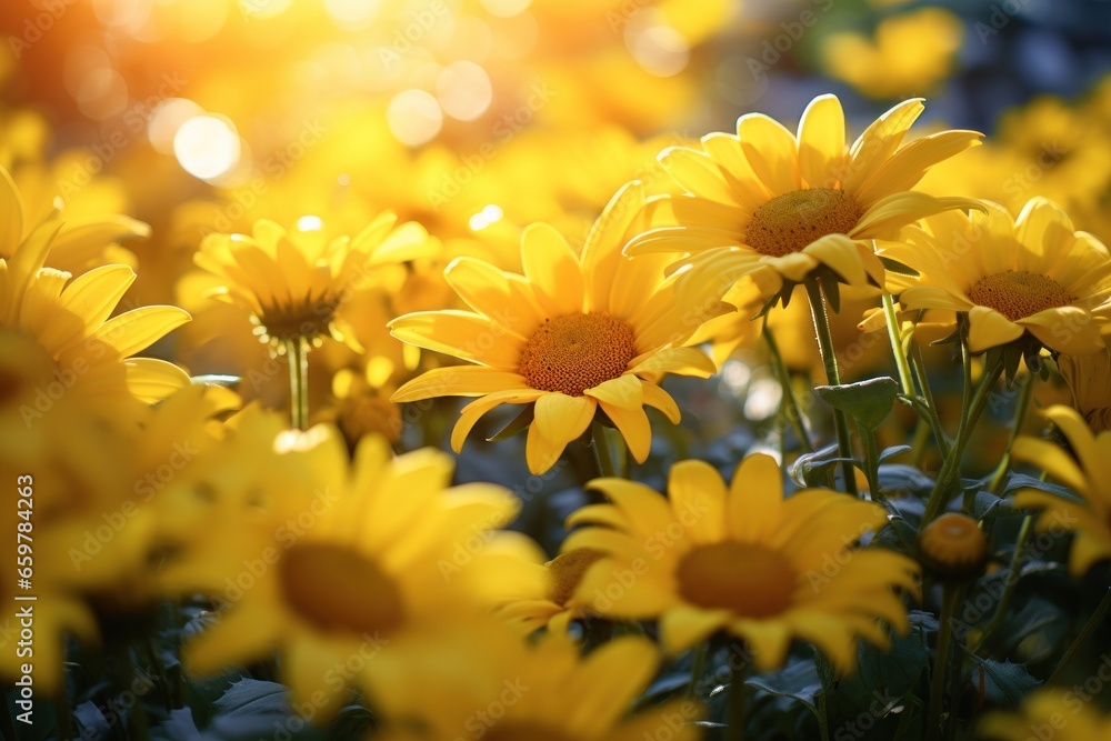 Poster a beautiful field of yellow flowers basking in the sunlight. this vibrant image can be used to add a