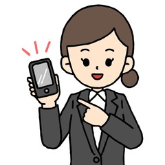 スマホを片手に持って説明するスーツの女性