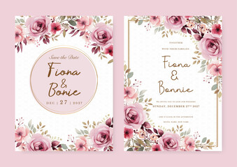 Pink rose floral wedding invitation card template set with flowers frame decoration