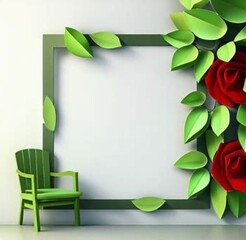 3D computer-rendered image of paper green leaves and red roses on a paper corner   frame