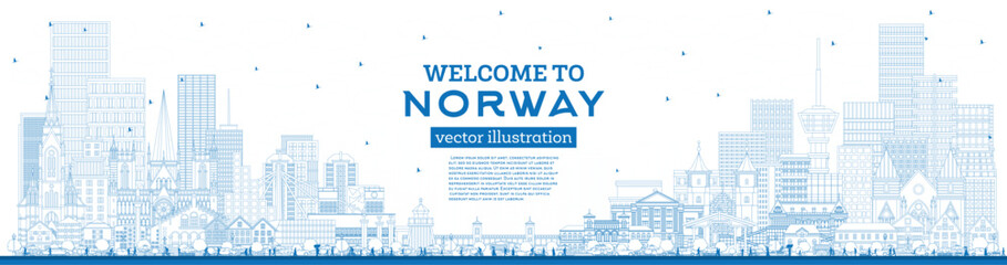 Outline Norway city skyline with blue buildings. Concept with historic and modern architecture. Norway cityscape with landmarks. Oslo. Stavanger. Trondheim. Bergen.
