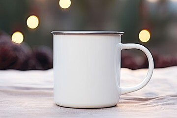 White metal cup mockup, winter 
