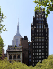 Details of buildings in Manhattan, New York city, USA. American Radiator Building in the front,...