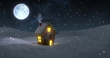 Naklejka premium Composite of snow falling over house and full moon in winter scenery