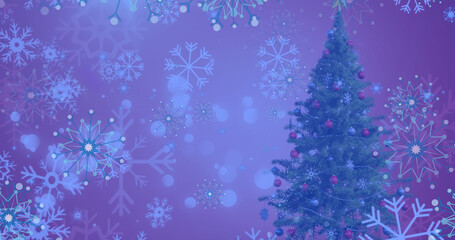 Fototapeta na wymiar Image of snow falling over christmas tree in winter scenery