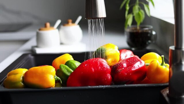 Yellow and red pepper are washed in a special tray for vegetables. The stream of water pours on the pepper in the sink. Slow motion. The interior of a modern kitchen.