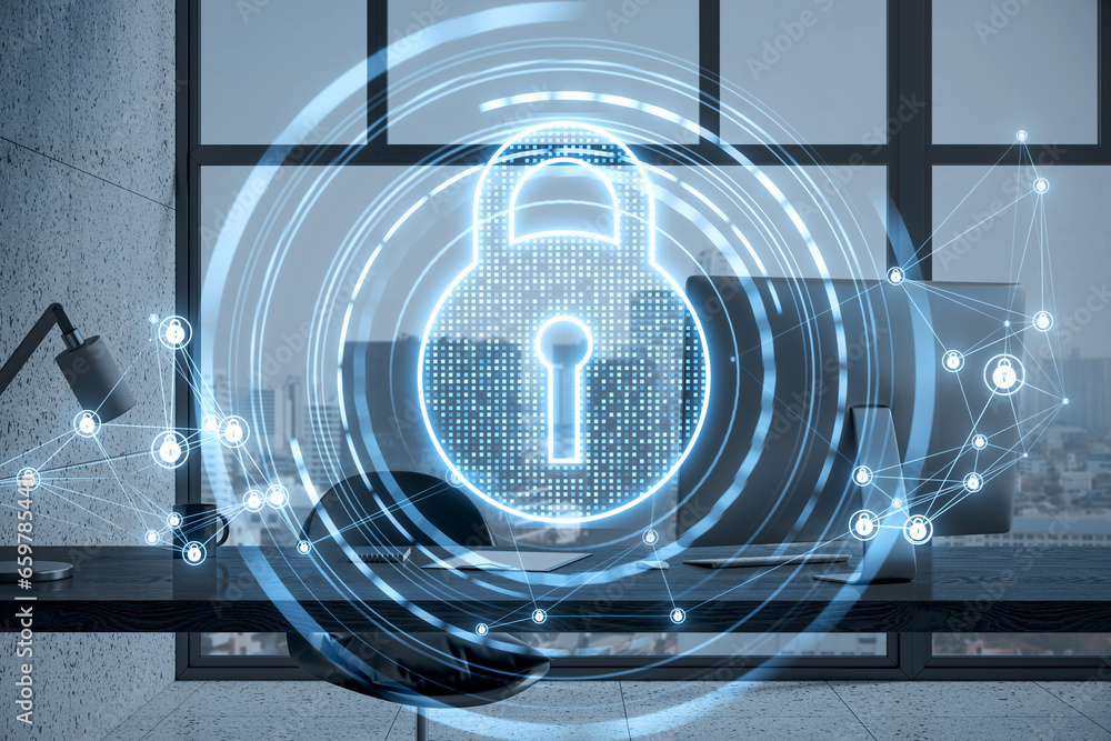 Poster close up of laptop on desktop with glowing polygonal padlock hologram on blurry window with city vie