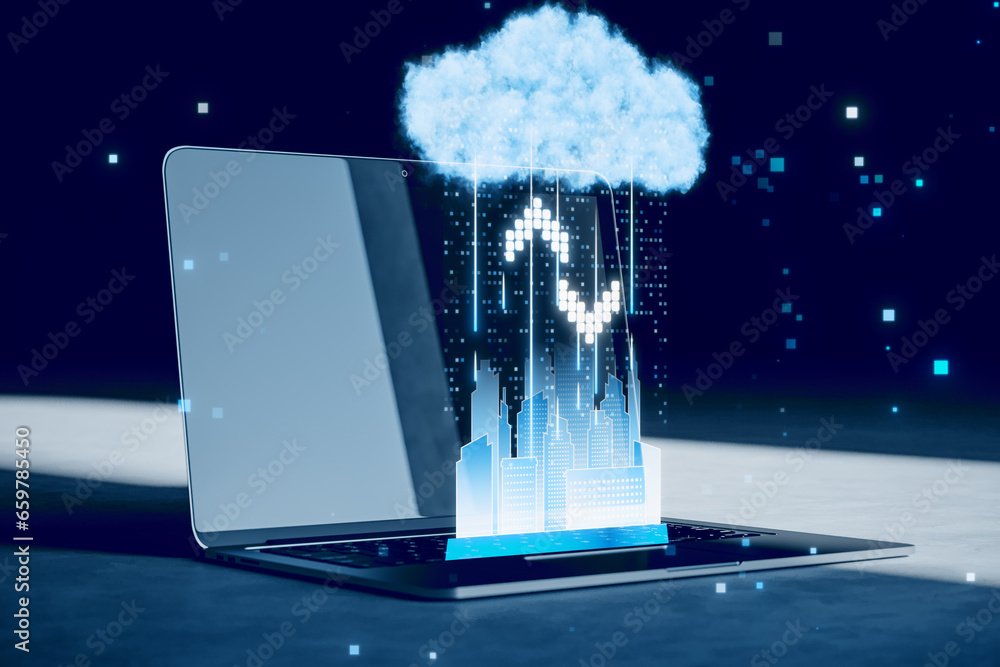 Poster Close up of laptop on desk with hologram. Cloud computing concept. Smart city wireless internet communication with cloud storage, cloud services. Download, upload data on server. 3D Rendering.