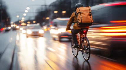 Foto op Plexiglas anti-reflex a delivery service courier on a bike rides in city traffic in a blurry. bike road street © kichigin19