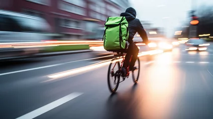 Foto op Plexiglas a delivery service courier on a bike rides in city traffic in a blurry. bike road street © kichigin19