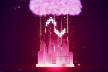 Cloud computing concept. Smart city wireless internet communication with cloud storage, cloud services. Download, upload data on server. Hologram on purple background. 3D Rendering.