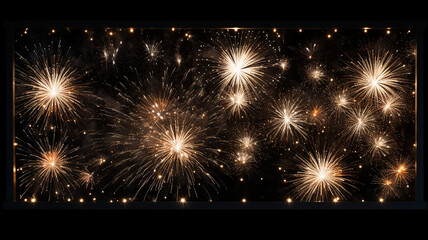 Fototapeta na wymiar golden fireworks explosions on a black background frame festive fireworks in the dark