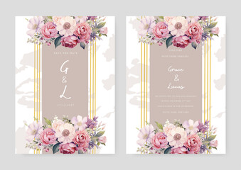Pink poppy beautiful wedding invitation card template set with flowers and floral