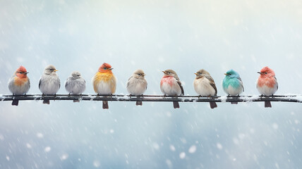 winter postcard, a row of colorful little birds in a snowfall on a branch, snow weather nature