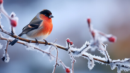 small abstract bird on a branch, winter greeting card greeting background wildlife copy space