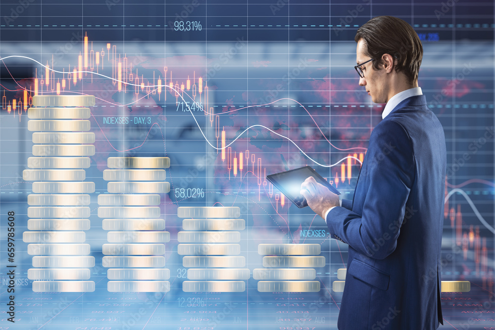 Aufkleber side view of thoughtful businessman using cellphone with creative forex chart hologram with declinin