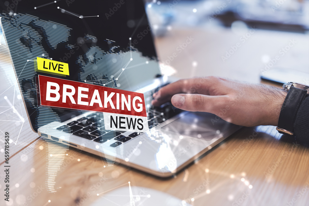 Poster close up of businessman hands using notebook with creative polygonal hi-tech breaking news hologram 