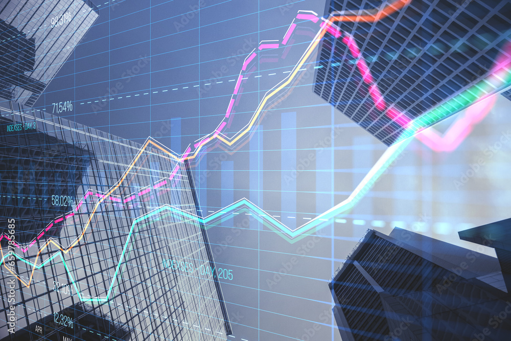 Poster Abstract creative business graph with index and grid on blurry city backdrop with skyscrapers. Stock market and financial statistics concept. Double exposure.