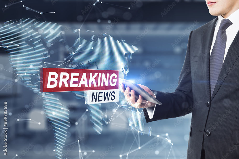 Sticker attractive young european businessman using cellphone with creative hi-tech breaking news and polygo