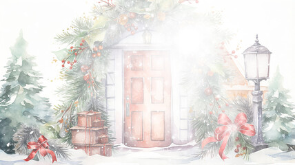 christmas winter decoration background, white snowfall decorated door, new year entrance postcard copy space