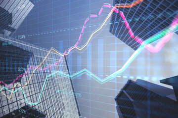 Abstract creative business graph with index and grid on blurry city backdrop with skyscrapers. Stock market and financial statistics concept. Double exposure.