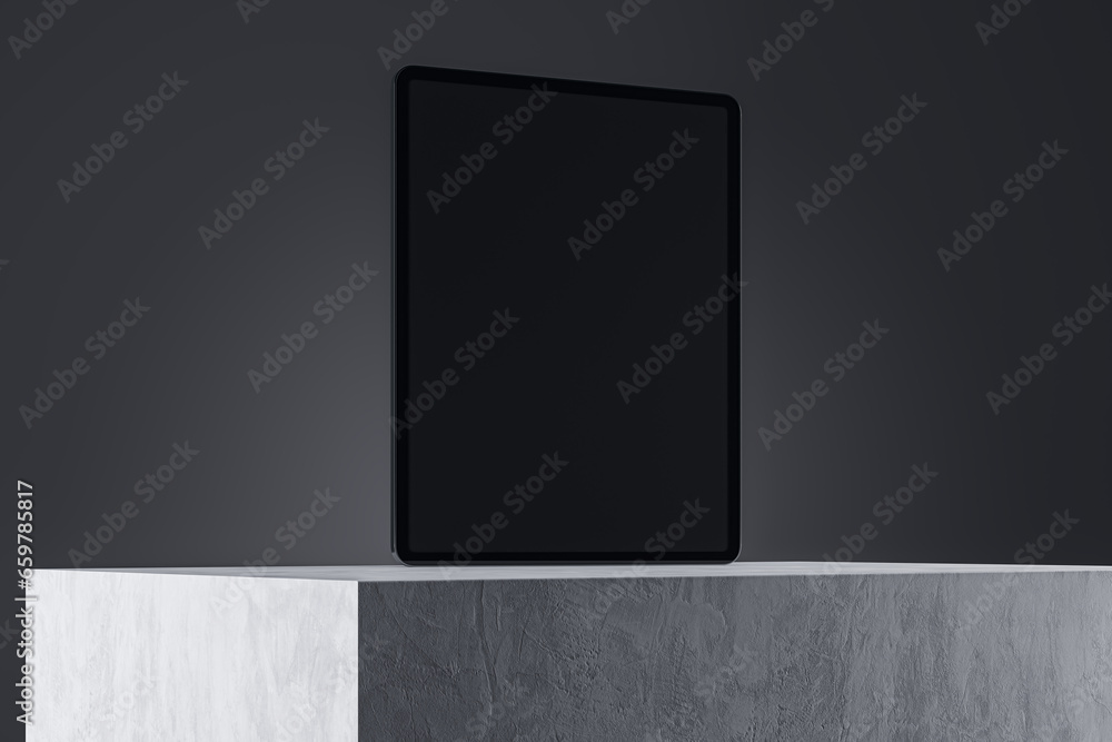 Poster Close up of empty tablet screen on concrete surface and gray wall background. Product presentation and advertisement concept. Mock up, 3D Rendering.