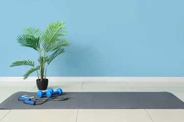 Crédence de cuisine en verre imprimé Fitness Sports equipment with mobile phone and palm tree on fitness mat near blue wall in gym