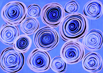 Fototapeta na wymiar Abstract background of curved circles and spirals. Sometimes thin lines of strokes. Different shades of blue. Spirals of almost white and black colors. Free hand. Decor.