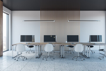 Modern coworking office interior with furniture and equipment, window and city view. 3D Rendering.