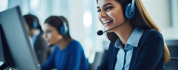 Sociable female call center assistant operating from the call center office using headset and laptop. Conducting online remote advisory session with copy space for additional content