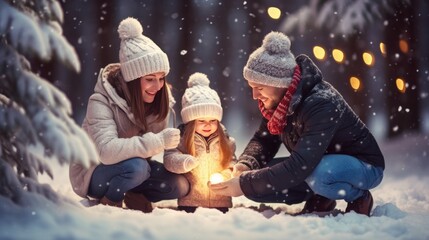 Fototapeta na wymiar Happy family enjoying to moment in snowy land with Christmas festive and winter season. Generative Ai