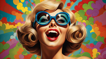 Ktich retro pop art 50s illustration. Blonde woman laughing, wearing blue sunglasses - obrazy, fototapety, plakaty