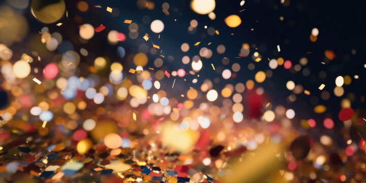 Glittering colourful confetti falling down. Party background concept for holiday, celebration, New Year's Eve or jubilee