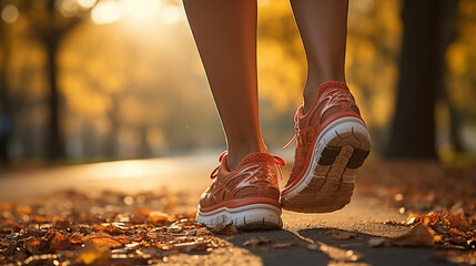 The legs of a runner in a wooded area, in autumn or spring and the morning sun