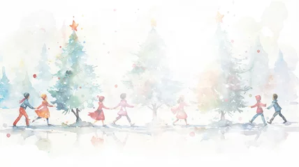 Fotobehang blurred white snowy abstract background, watercolor illustration children dance around a Christmas tree, holiday postcard © kichigin19