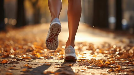 The legs of a runner in a wooded area, in autumn or spring and the morning sun
